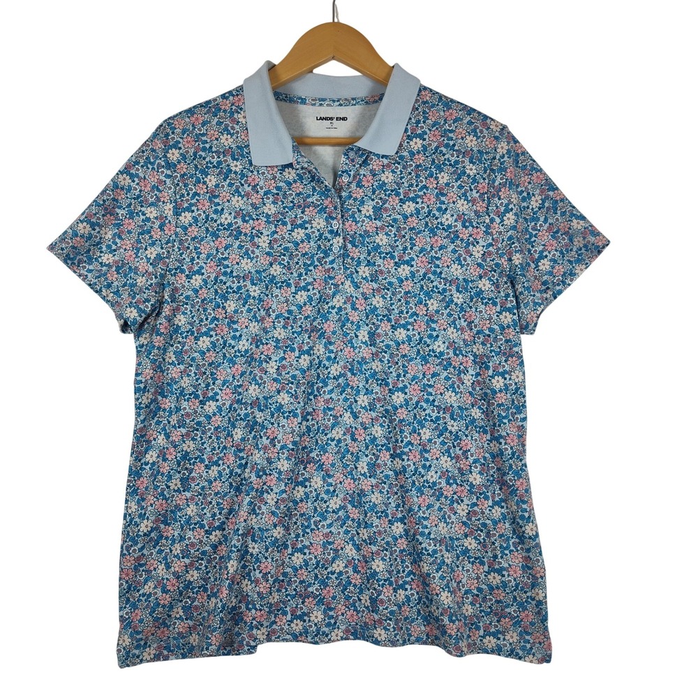 Lands End Womens XL Blue Pink Floral Cotton Short Sleeve Polo Shirt Top
